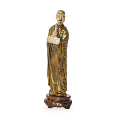 A Chinese Coloured Gilt Bronze Taoist Statue