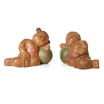 A Pair of Oriental Wood Carving of Boy and Girl