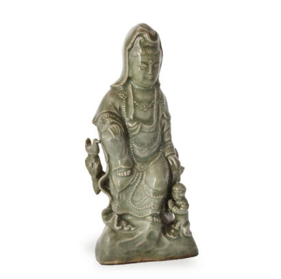 A Chinese Ming Dynasty Longquan Celadon Guanyin Statue