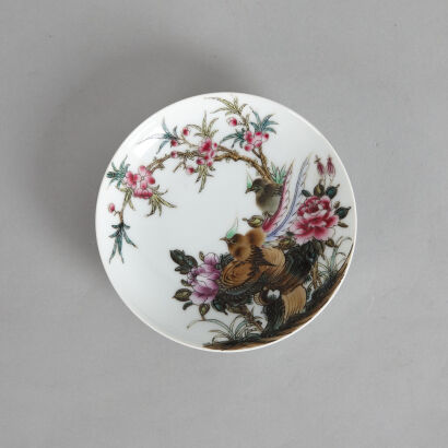 A Chinese Famille Rose 'Flower and Bird' Saucer (Da Qing Xuantong Nian Zhi Mark)