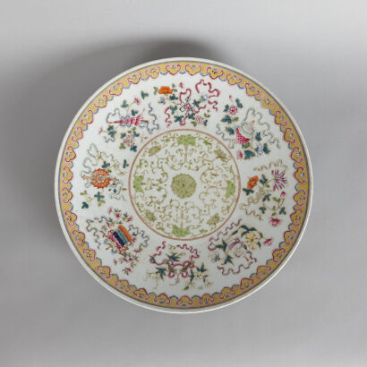 A Chinese Qing Dynasty Daoguang Period Famille Rose 'Eight Auspicious Emblems' Charger (Da Qing Daoguang Nian Zhi Mark)