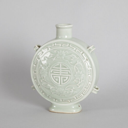 A Chinese Celadon-glazed 'Longevity' Moon Flask (Da Qing Qianlong Nian Zhi Mark)