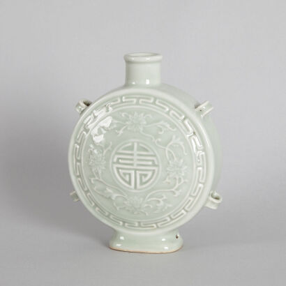 A Chinese Celadon-glazed 'Longevity' Moon Flask (Da Qing Qianlong Nian Zhi Mark)