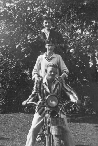 PHOTOGRAPHER UNKNOWN Motorcycle Antics - Lawrence Baigent, Leo Bensemann, and Friend