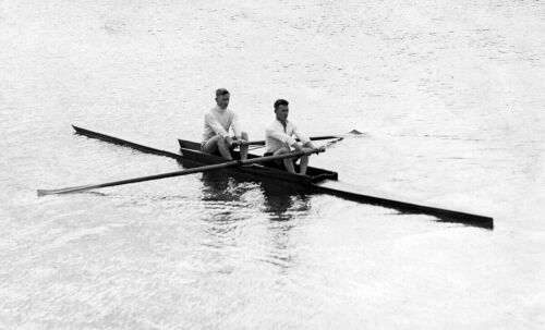 Two reservemen for the New Zealand Olympic Rowing crew practice in Wellington, 1932