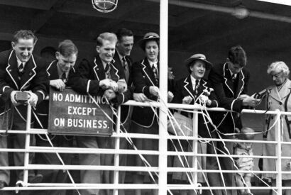 The New Zealand Olympic team photographed on the deck of the S.S. Port Hobard ahead of departure in Auckland, 1948