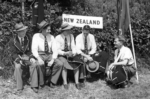 The New Zealand contingent resting in the shade of Wembley Stadium ahead of the opening ceremony, 1948