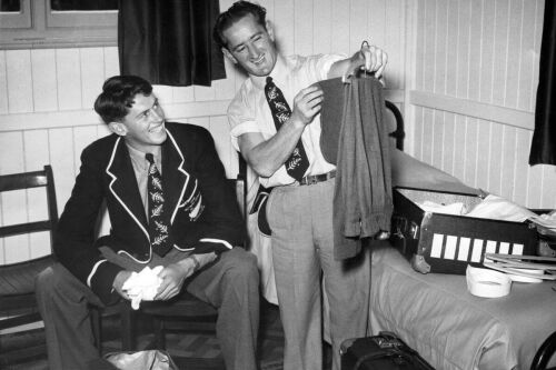 J.M. Holland and Maurice Crow settle into their quarters at the "Olympic Camp" in Richmond Park, near London, 1948