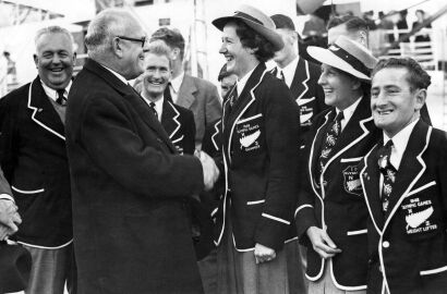 W.J. Jordan, High Commissioner for New Zealand, welcomes the team on their arrival at Tilbury, on board the S.S. Port Hobart in London, 1948