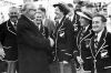 W.J. Jordan, High Commissioner for New Zealand, welcomes the team on their arrival at Tilbury, on board the S.S. Port Hobart in London, 1948