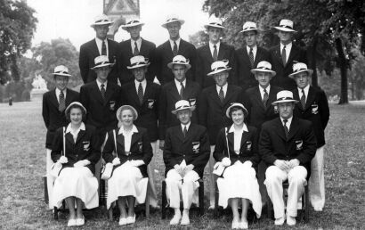 The New Zealand Olympic team photographed in their official uniforms at Kensington Gardens in London, 1952
