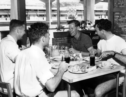 Members of the New Zealand hockey team enjoy breakfast at the Olympic Village in Rome, 1960