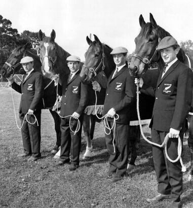 New Zealand's 1964 Olympic equestrian team members Graeme Hansen, Bruce Hansen, Charles Matthews, and Adrian White, 1964