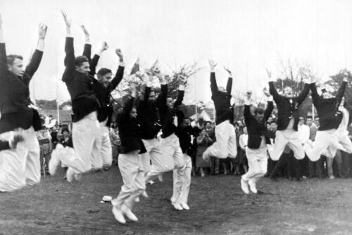 Members of the New Zealand Olympic team perform the Haka at the Olympic Village in Tokyo, 1964