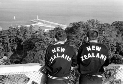 Two members of the New Zealand Olympic Yachting team visit Enoshima Harbour in Tokyo, 1964