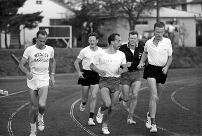 New Zealand Track and Field members work out at the Oda Field in the Yoyogi Olympic Village in Tokyo, 1964