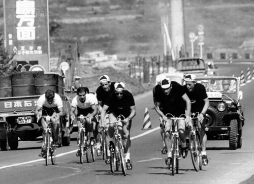 New Zealand road cyclists on a time trial race near Tokyo, 1964