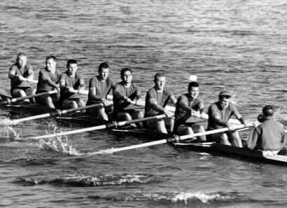 The New Zealand Olympic Rowing team during a training session on the Toda rowing course in Tokyo, 1964