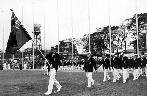 New Zealand Olympic athletes parade during the opening ceremonies held at the Olympic Village in Tokyo, 1964