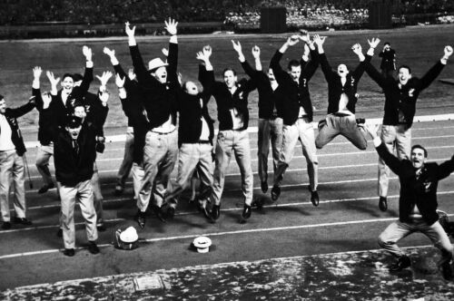 The New Zealand Olympic team perform during the opening ceremonies in Tokyo, 1964