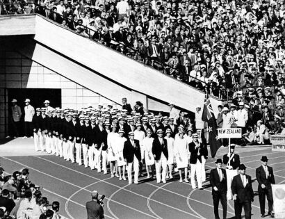 New Zealand Olympic athletes entering the main stadium during the opening ceremonies in Tokyo, 1964