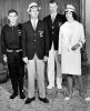 Olympians Messrs Graham Oliver, Don Clark, Bruce Southern, and Doreen Porter try on the New Zealand's ceremonial uniforms, 1964