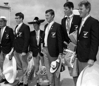 New Zealand's Olympic Rowing team greeted with cheers upon their return from the Olympic Games in Mexico City, 1968