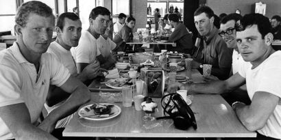 New Zealand rowers at lunch in the dining room of Olympic Village in Mexico City, 1968