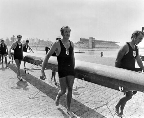 New Zealand's eight-coxed crew during a training session at the Olympic regatta course in Munich, 1972