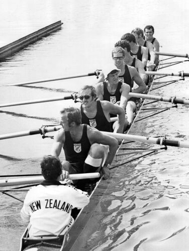 New Zealand's eight-coxed crew during a training session at the Olympic regatta course in Munich, 1972