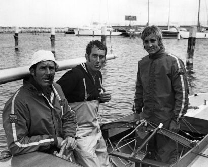 New Zealand Dragon class yachtsmen sitting in their boat at the Olympic yachting harbour in Kiel, 1972