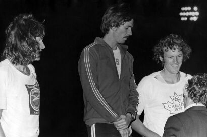 Peter Snell, David Green, Rick Wohlhuter, and John Walker at the National Athletics Championships at Mt. Smart Stadium in Auckland, 1972