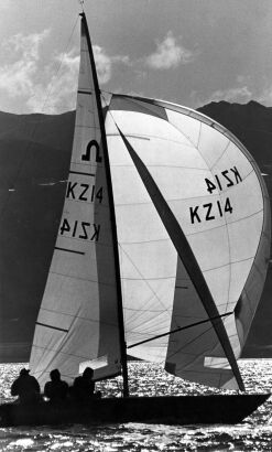 New Zealand's three Soling team practice their manoeuvres aboard their yacht Solitude in Wellington Harbour, 1976