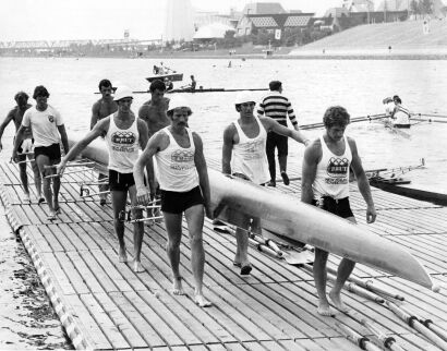 New Zealand's eight-coxed crew during a training session at the Olympic regatta course in Montreal, 1976