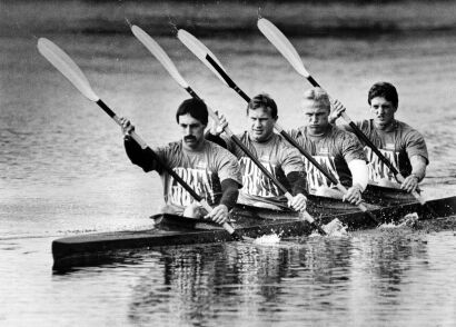 MARK BAKER New Zealand's winning K4 canoeing team during a training session on Lake Pupuke, 1980