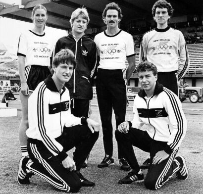 New Zealand Olympic track and field athletes in uniform during a training session in Los Angeles, 1984