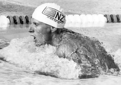 Olympian Brett Austin on his way to a national record in his heat of the 100 metre breaststroke event at the Olympic pool in Los Angeles, 1984