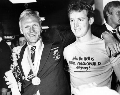 Gold medalist Paul MacDonald with his training partner Greg Fleming at the 1984 Olympic Games in Los Angeles, 1984