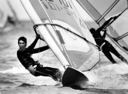 MARTIN HUNTER Olympic bronze medal sailboard rider Bruce Kendall competing at the New Zealand Slalom Board Championships at Plimmerton, 1987