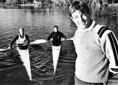 Coach Sutherland and gold medalists Paul MacDonald and Ian Ferguson during a training session, 1988