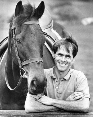 PHIL CRAWFORD Equestrian Blyth Tait with his horse Walter at his Pukekohe farm, 1990
