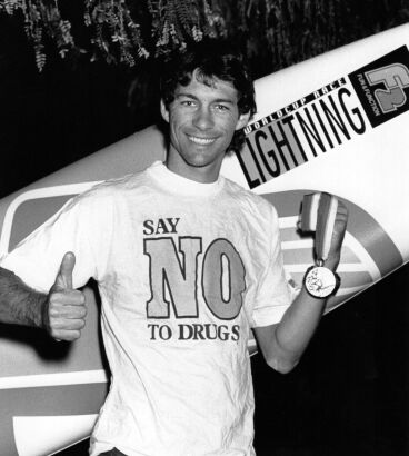 Championship sailboarder and Olympic gold medalist Bruce Kendall says no to drugs, c1990s