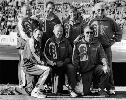 GRAEME BROWN New Zealand's Alex Gossar, Alex Shaw, Peter Snell, and Murray Halberg at an athletics competition, 1993