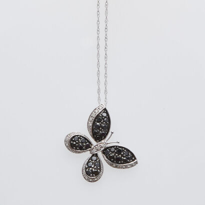 10ct White Gold Black and White Diamond Butterfly Pendant