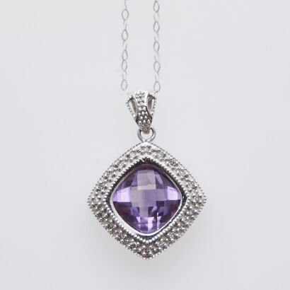 14ct White Gold Amethyst and Diamond Pendant
