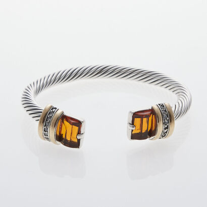 Twisted Silver Cuff with Orange Stones