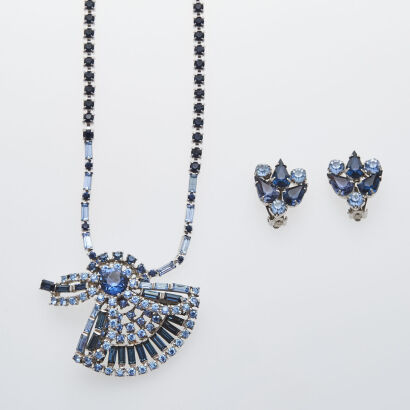Fan Style Blue Rhinestone Necklace and Earrings Set