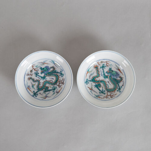 A Pair of 18th Century Chinese Doucai 'Dragon' Saucers (hallmarks)