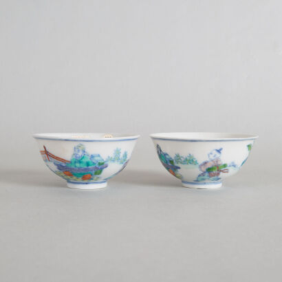 A Pair of Chinese Qing Dynasty Doucai 'Figural' Bowls (Da Qing Jiaqing Nian Zhi Mark)