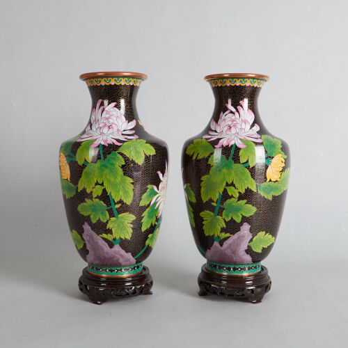 A Pair of Chinese Black Ground 'Floral' Cloisonne Vases